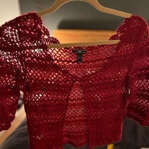 Crochet knit cropped cardigan by MANGO, red.